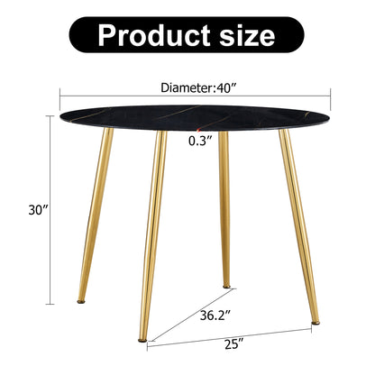 40 inches Modern Minimalist Round Black Marbled Glass Coffee Table with Gold Metal Legs_13