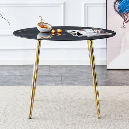 40 inches Modern Minimalist Round Black Marbled Glass Coffee Table with Gold Metal Legs_1