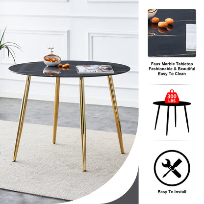 40 inches Modern Minimalist Round Black Marbled Glass Coffee Table with Gold Metal Legs_15