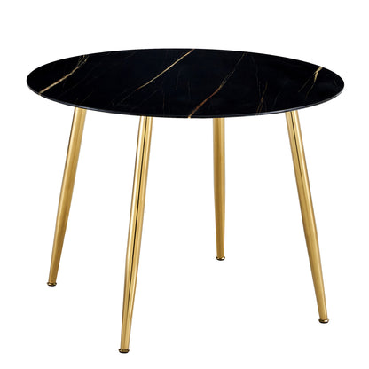 40 inches Modern Minimalist Round Black Marbled Glass Coffee Table with Gold Metal Legs_4