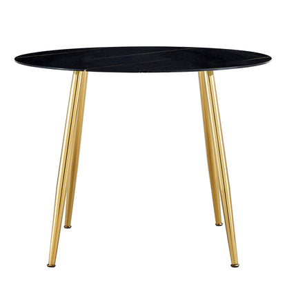 40 inches Modern Minimalist Round Black Marbled Glass Coffee Table with Gold Metal Legs_5