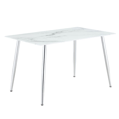 Modern Minimalist Rectangular White Marbled Tempered Glass Desktop with Silver Metal Legs_17