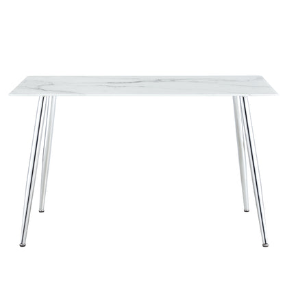 Modern Minimalist Rectangular White Marbled Tempered Glass Desktop with Silver Metal Legs_16