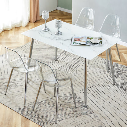 Modern Minimalist Rectangular White Marbled Tempered Glass Desktop with Silver Metal Legs_4