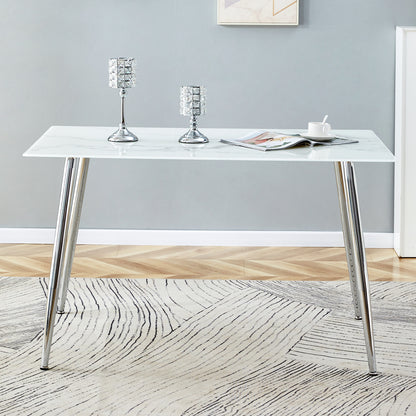 Modern Minimalist Rectangular White Marbled Tempered Glass Desktop with Silver Metal Legs_3