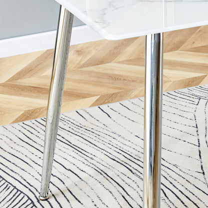 Modern Minimalist Rectangular White Marbled Tempered Glass Desktop with Silver Metal Legs_10
