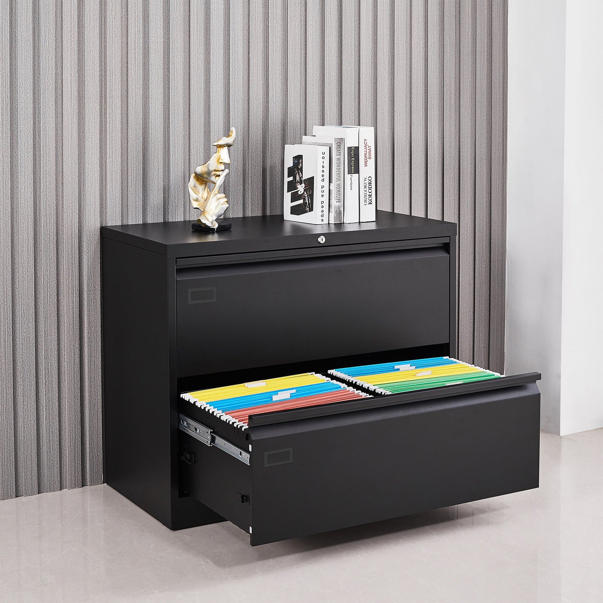 2 Drawer Lateral Metal Filing Cabinet for Legal/Letter A4 Size Documents- Black_3
