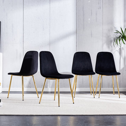 Set of 4 Modern Mid-Century Style Velvet Fabric Upholstered Chairs with Gold Legs- Black_2