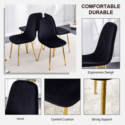 Set of 4 Modern Mid-Century Style Velvet Fabric Upholstered Chairs with Gold Legs- Black_20