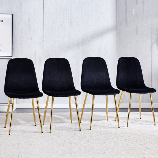 Set of 4 Modern Mid-Century Style Velvet Fabric Upholstered Chairs with Gold Legs- Black_0