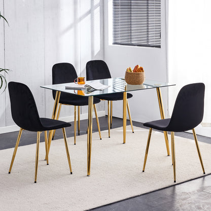 Set of 4 Modern Mid-Century Style Velvet Fabric Upholstered Chairs with Gold Legs- Black_4