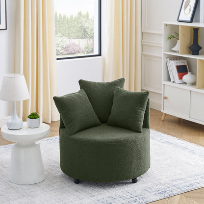 360° Swivel Barrel Chair Teddy Fabric Accent Sofa Chair with 3 Pillows- Green_0