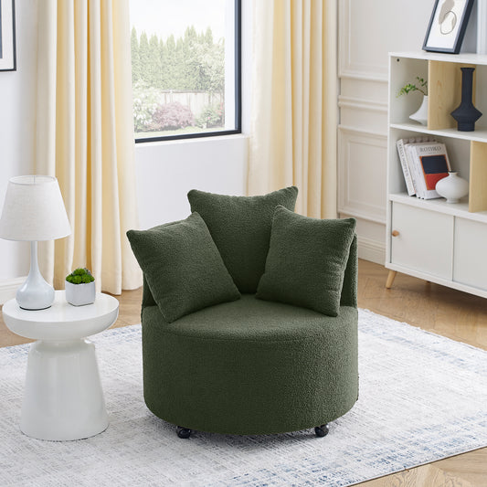 360° Swivel Barrel Chair Teddy Fabric Accent Sofa Chair with 3 Pillows- Green_0