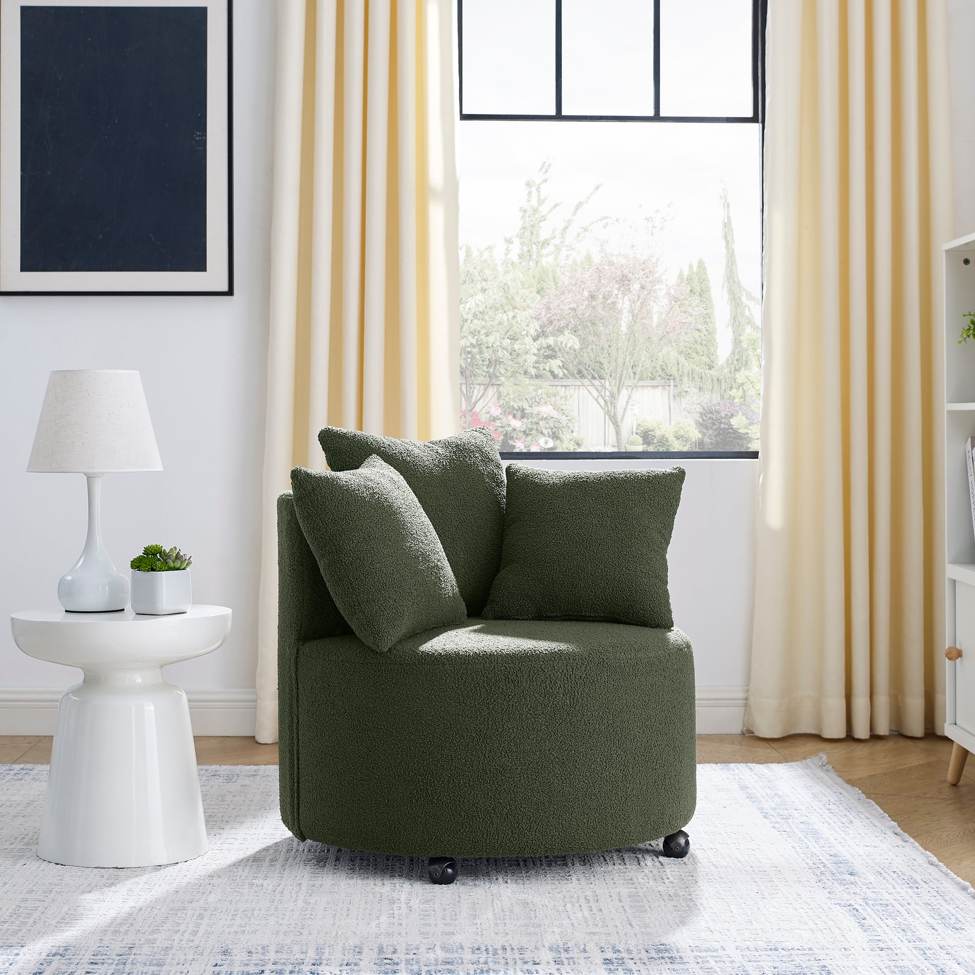 360° Swivel Barrel Chair Teddy Fabric Accent Sofa Chair with 3 Pillows- Green_3