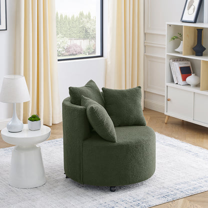 360° Swivel Barrel Chair Teddy Fabric Accent Sofa Chair with 3 Pillows- Green_4