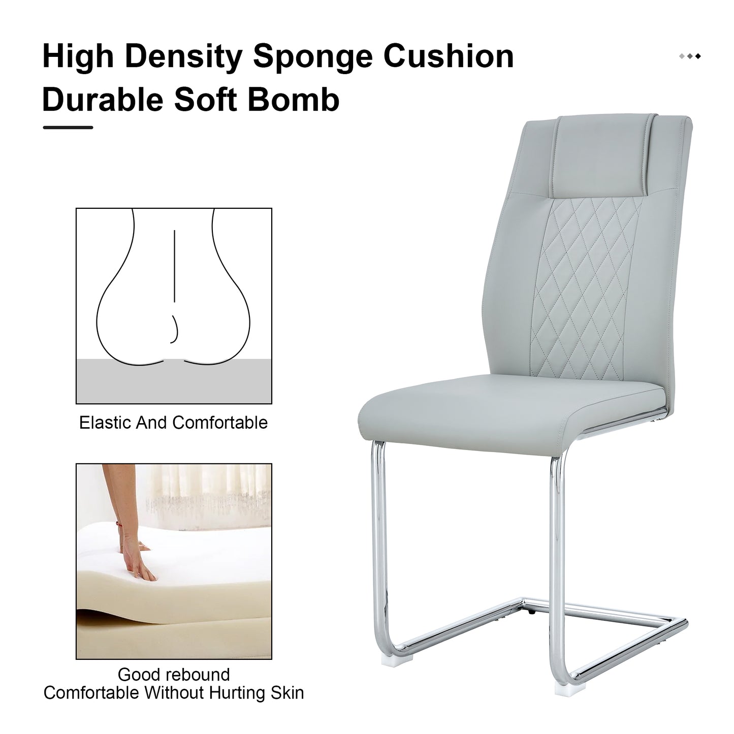 4 Pcs Faux Leather Upholstered High Back Dining Chairs with Metal Base- Gray, Silver_23