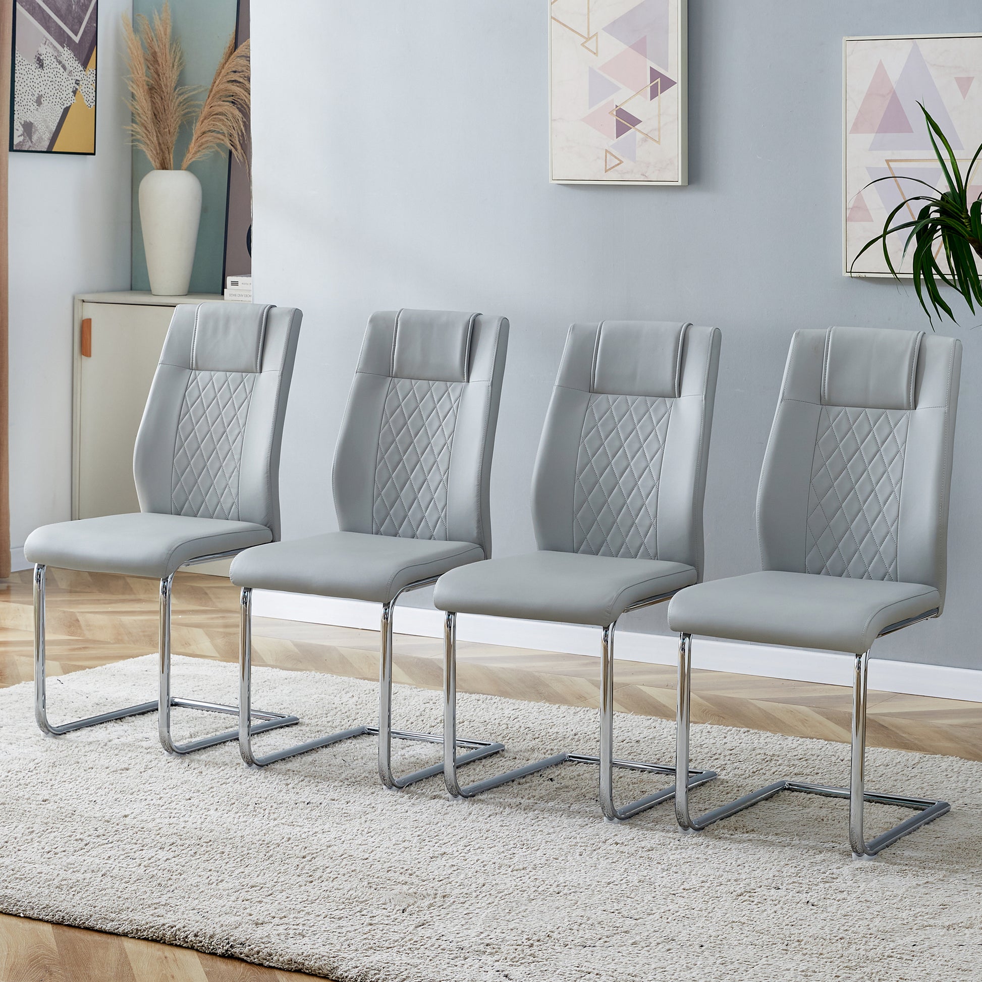 4 Pcs Faux Leather Upholstered High Back Dining Chairs with Metal Base- Gray, Silver_2