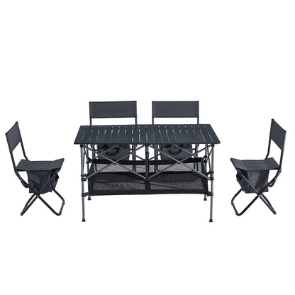 Set of 5 Outdoor Camping Foldable Chair and Roll up Portable Table- Black+Gray_15