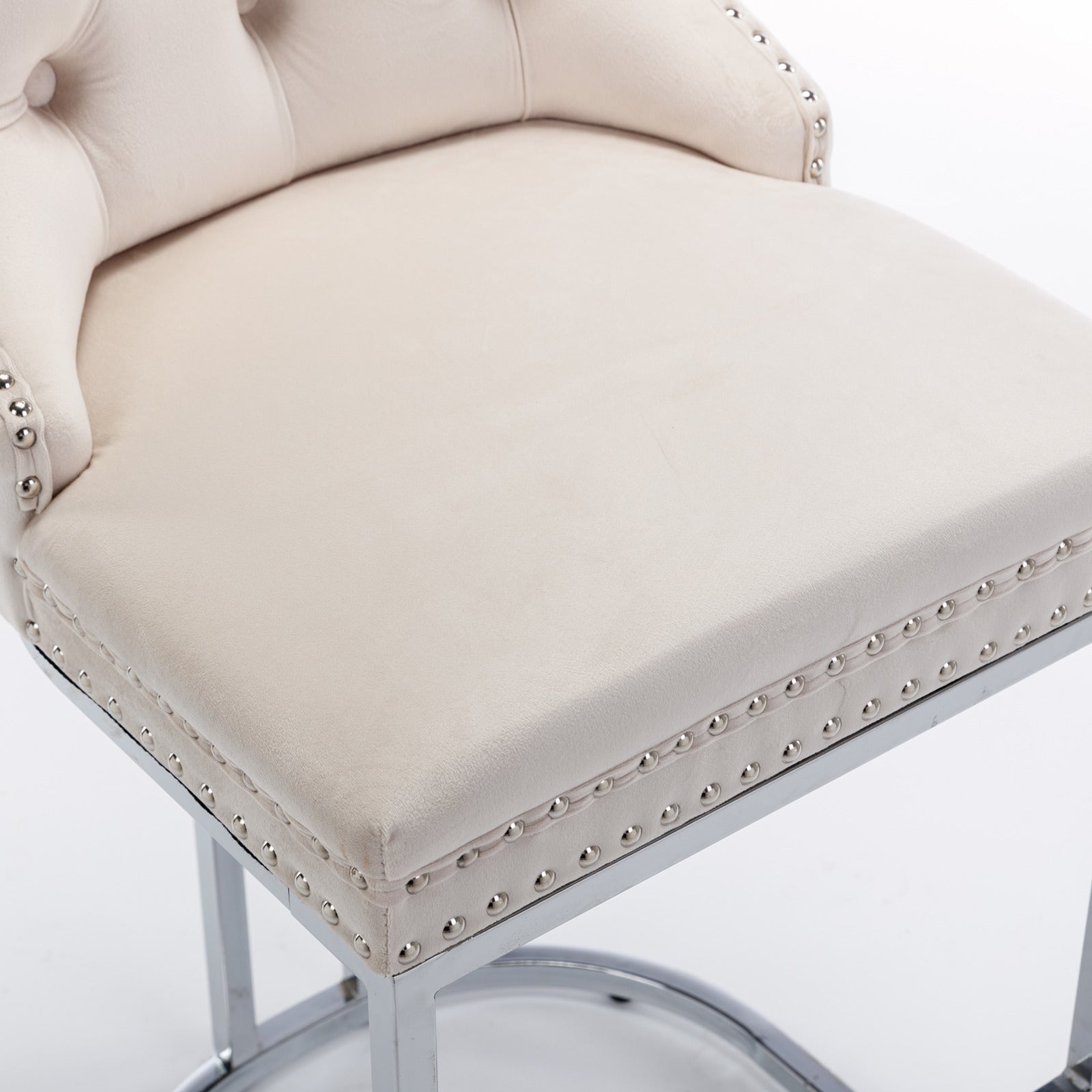 Set of 2 Upholstered Tufted Velvet Armless Bar Stools with Chrome Base Legs- Beige_13