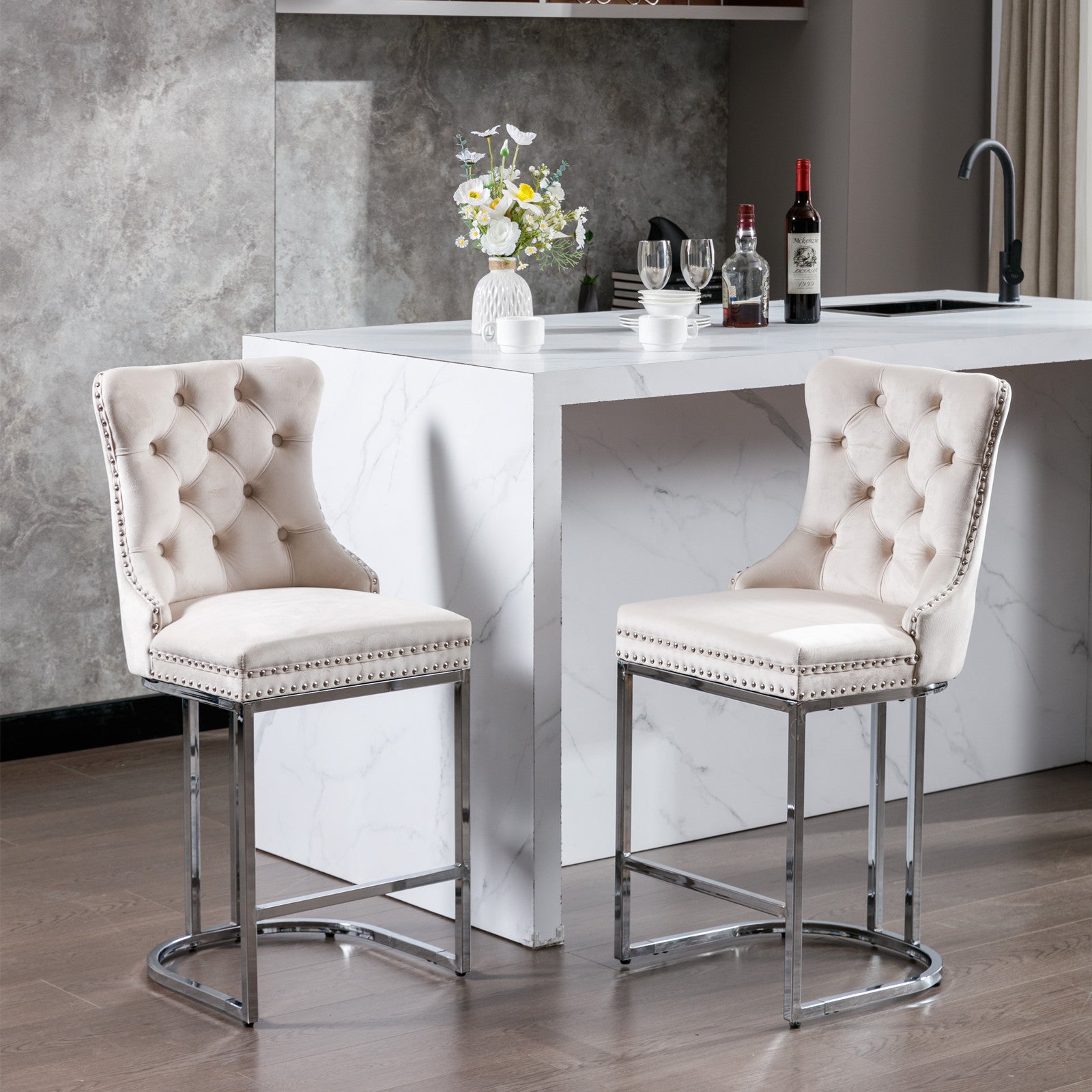 Set of 2 Upholstered Tufted Velvet Armless Bar Stools with Chrome Base Legs- Beige_0