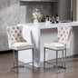 Set of 2 Upholstered Tufted Velvet Armless Bar Stools with Chrome Base Legs- Beige_0