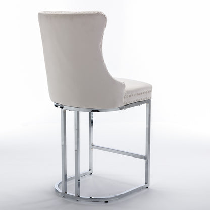Set of 2 Upholstered Tufted Velvet Armless Bar Stools with Chrome Base Legs- Beige_6