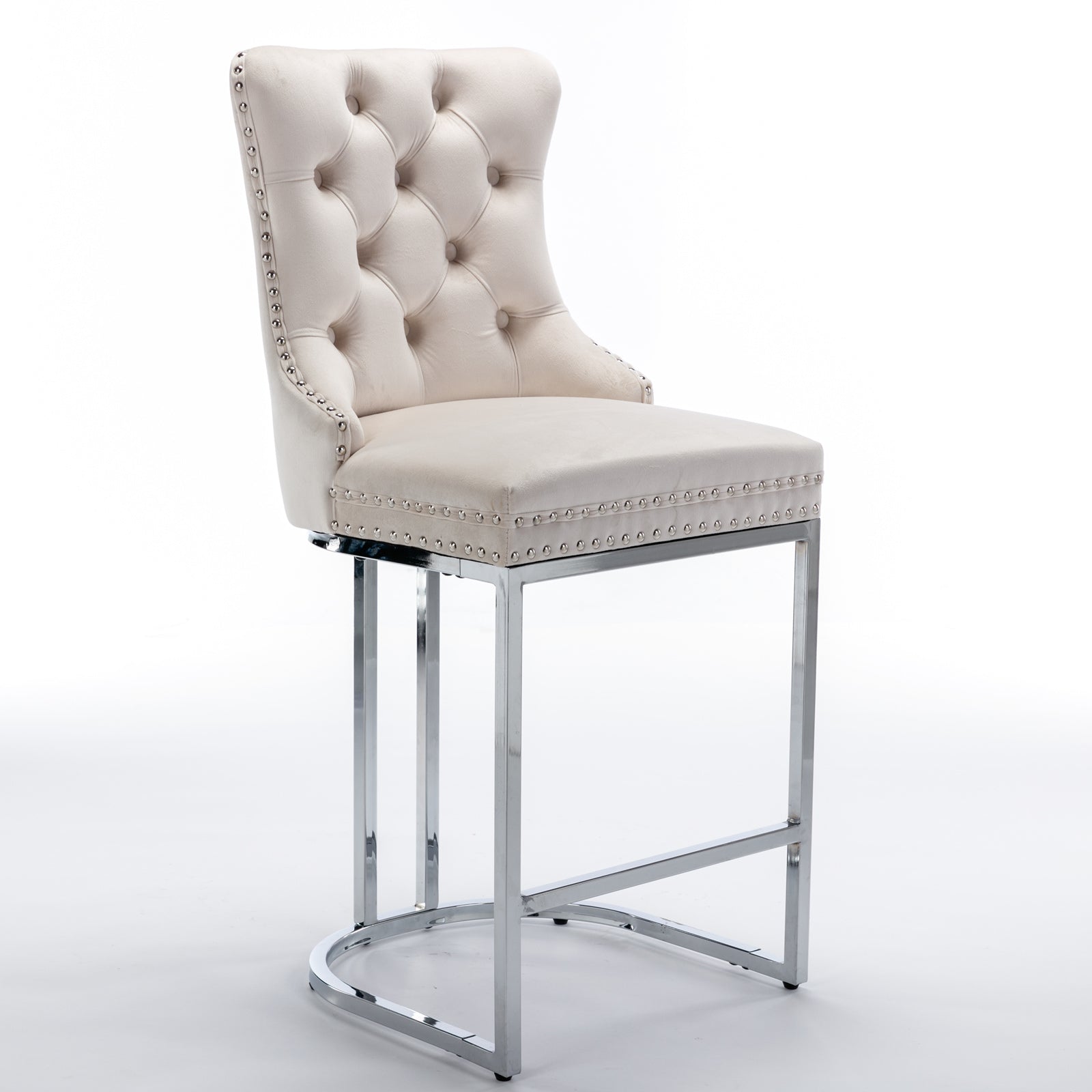 Set of 2 Upholstered Tufted Velvet Armless Bar Stools with Chrome Base Legs- Beige_3