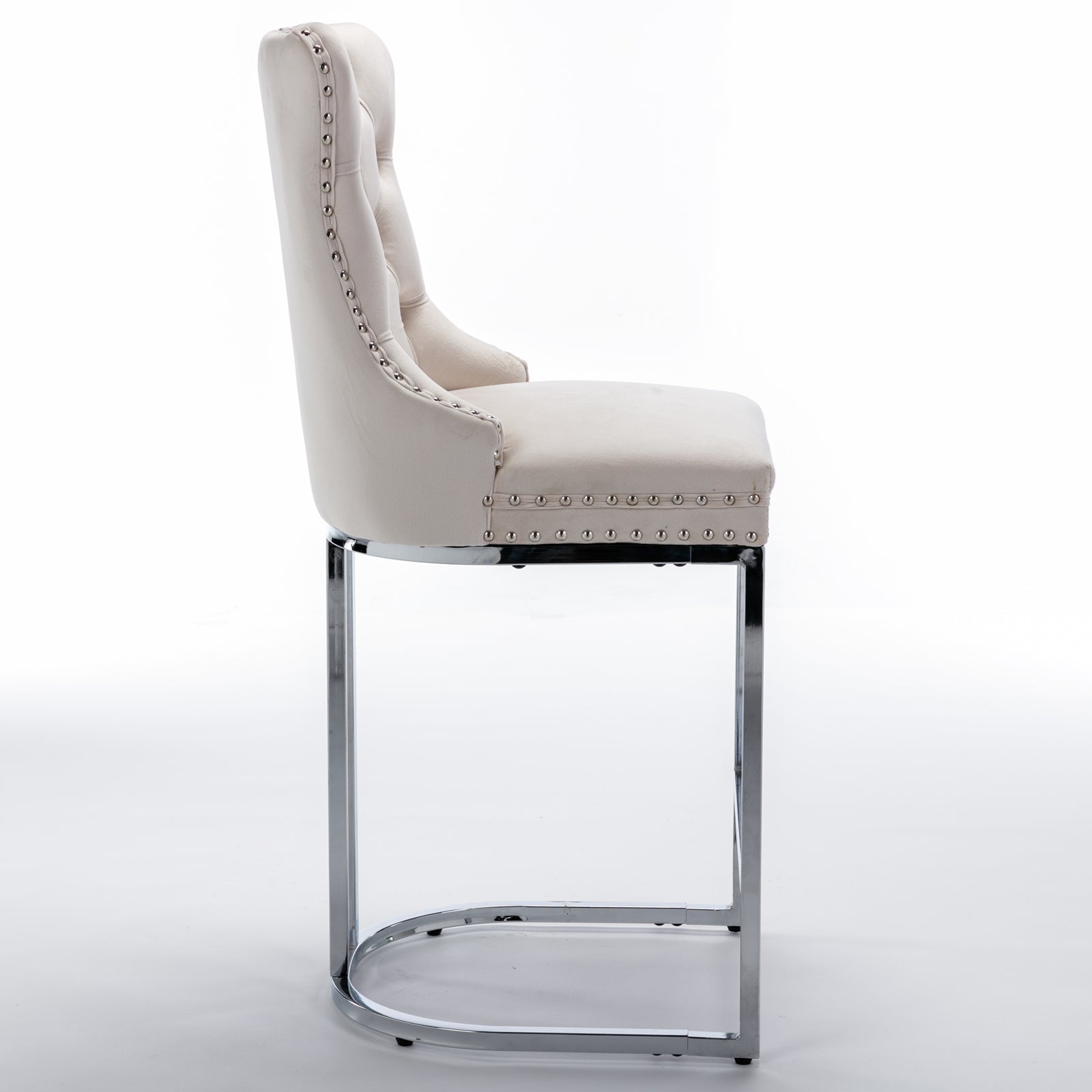 Set of 2 Upholstered Tufted Velvet Armless Bar Stools with Chrome Base Legs- Beige_5