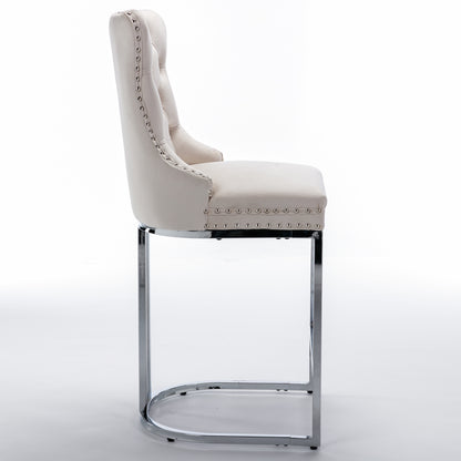 Set of 2 Upholstered Tufted Velvet Armless Bar Stools with Chrome Base Legs- Beige_5