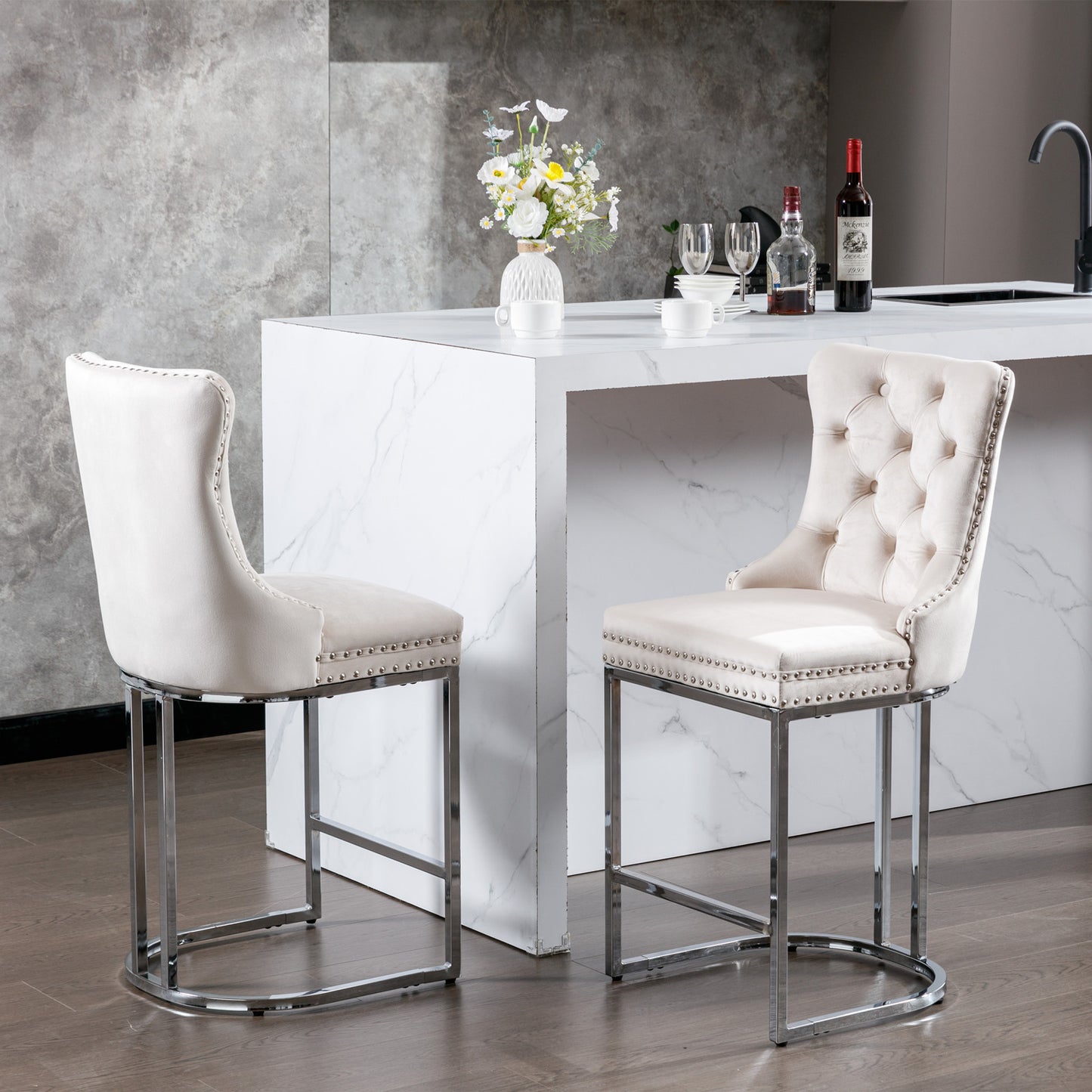 Set of 2 Upholstered Tufted Velvet Armless Bar Stools with Chrome Base Legs- Beige_18