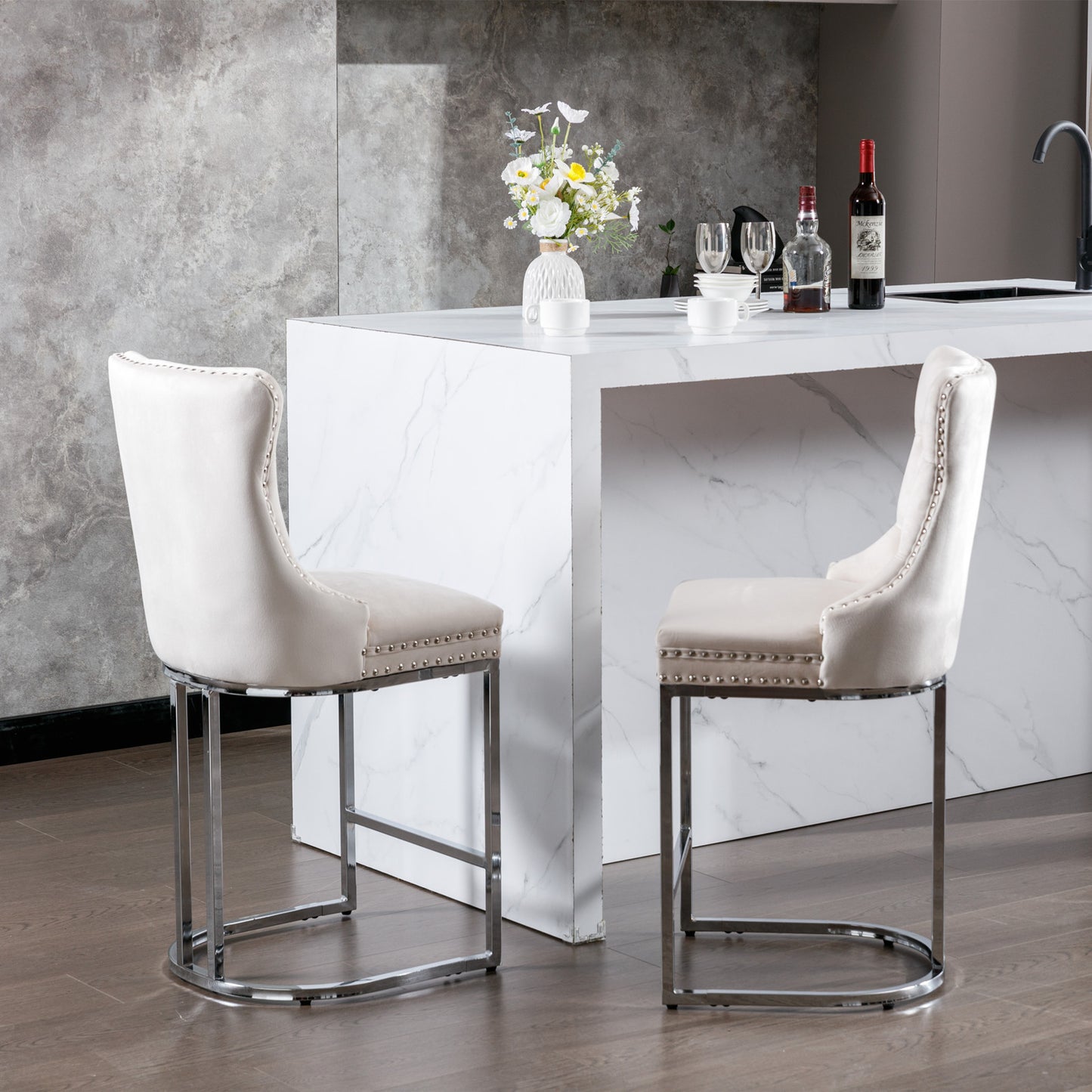 Set of 2 Upholstered Tufted Velvet Armless Bar Stools with Chrome Base Legs- Beige_21