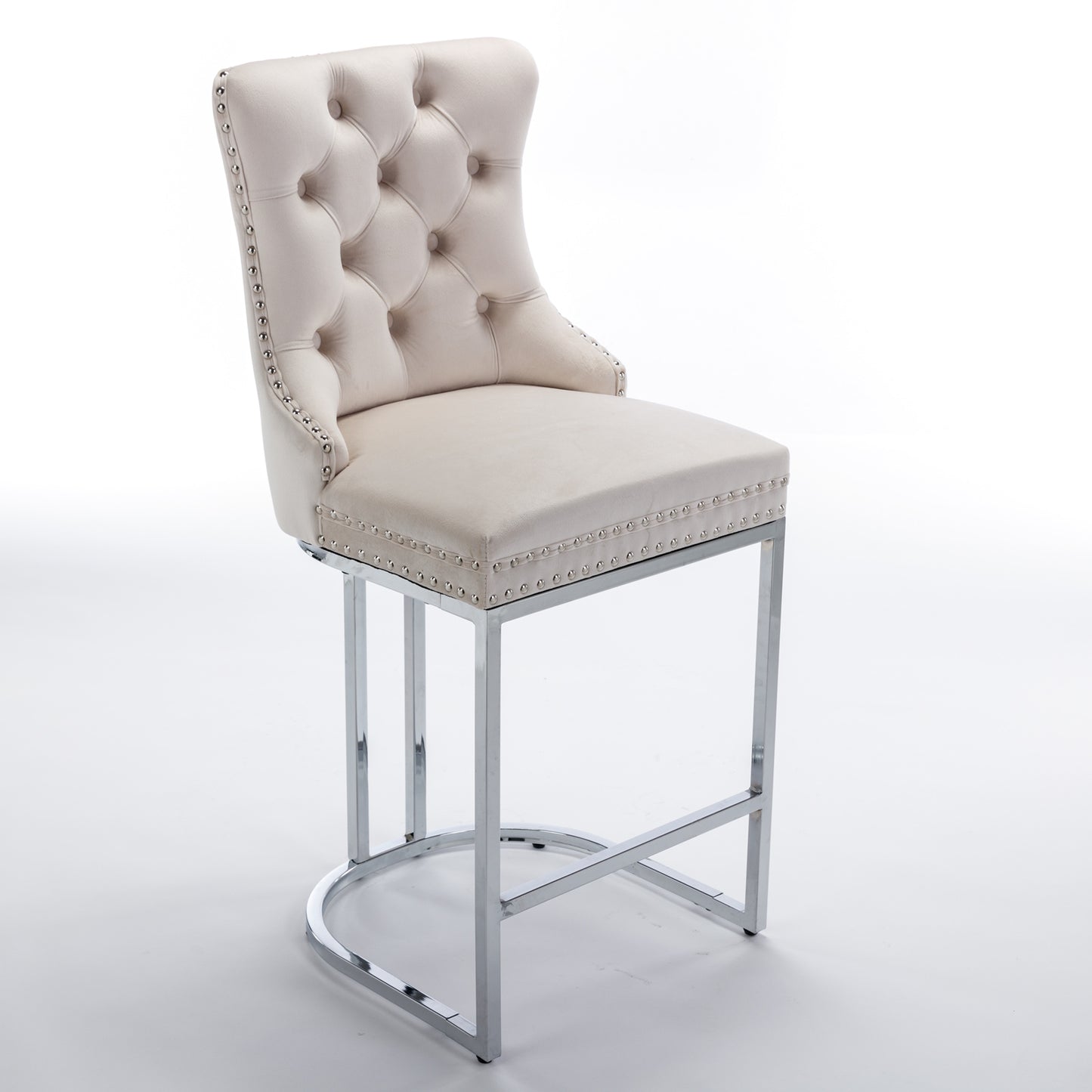 Set of 2 Upholstered Tufted Velvet Armless Bar Stools with Chrome Base Legs- Beige_4