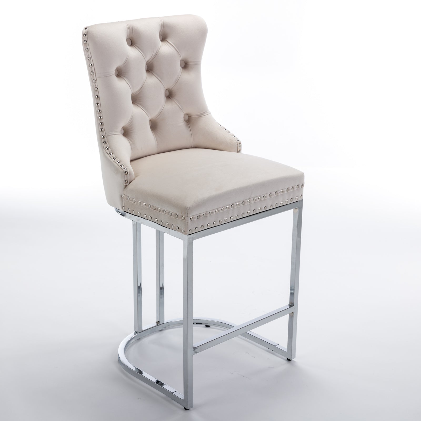 Set of 2 Upholstered Tufted Velvet Armless Bar Stools with Chrome Base Legs- Beige_4