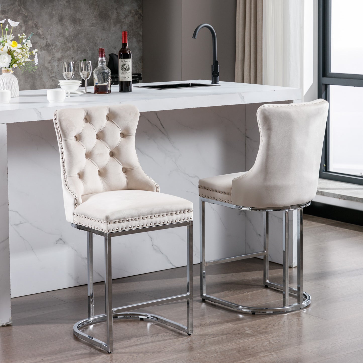 Set of 2 Upholstered Tufted Velvet Armless Bar Stools with Chrome Base Legs- Beige_17