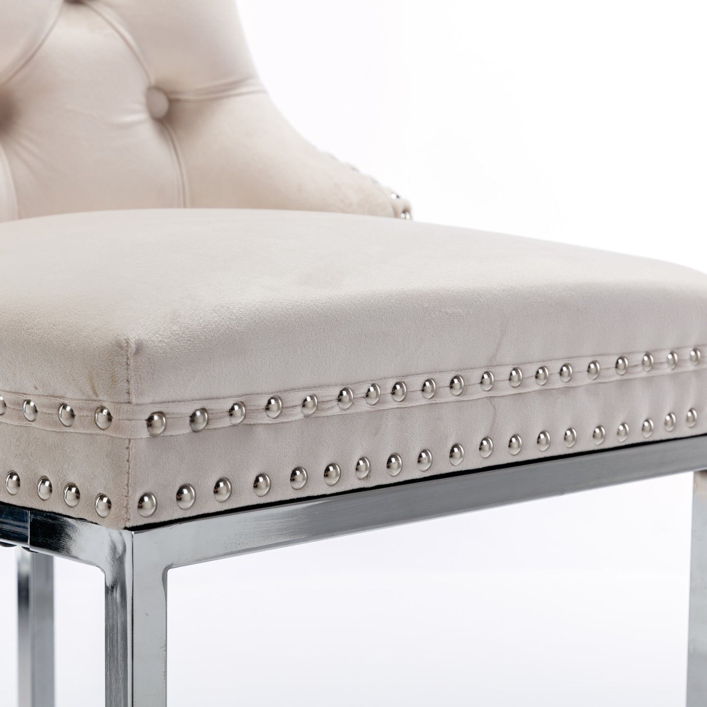 Set of 2 Upholstered Tufted Velvet Armless Bar Stools with Chrome Base Legs- Beige_14