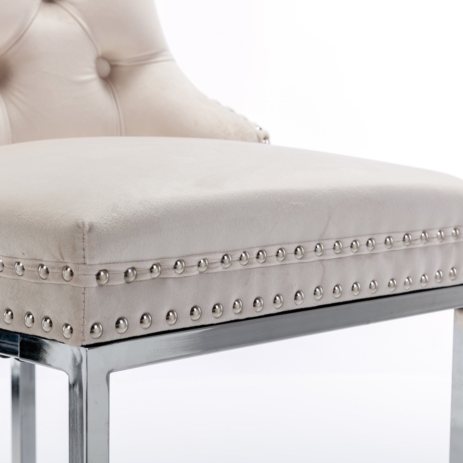 Set of 2 Upholstered Tufted Velvet Armless Bar Stools with Chrome Base Legs- Beige_14