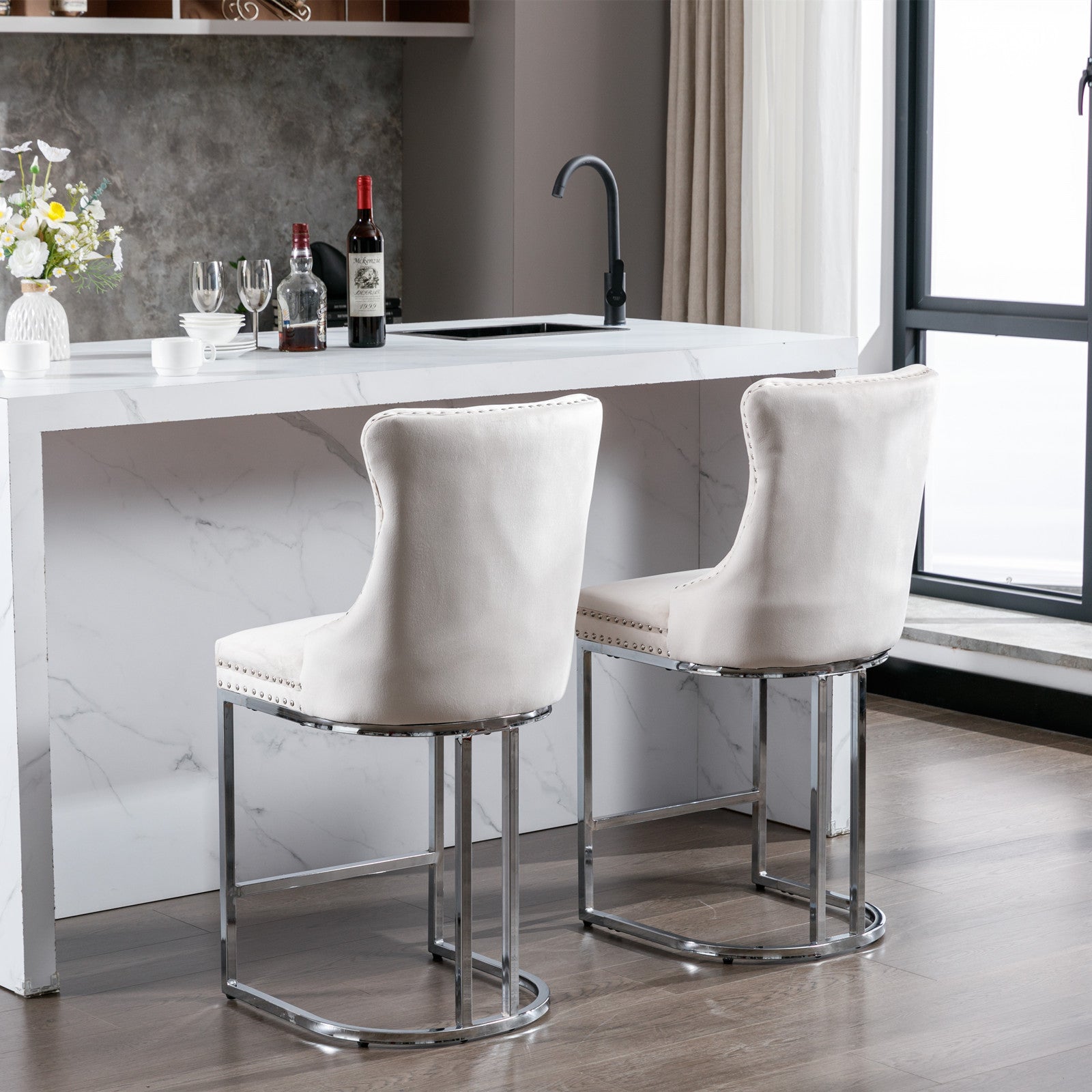 Set of 2 Upholstered Tufted Velvet Armless Bar Stools with Chrome Base Legs- Beige_19