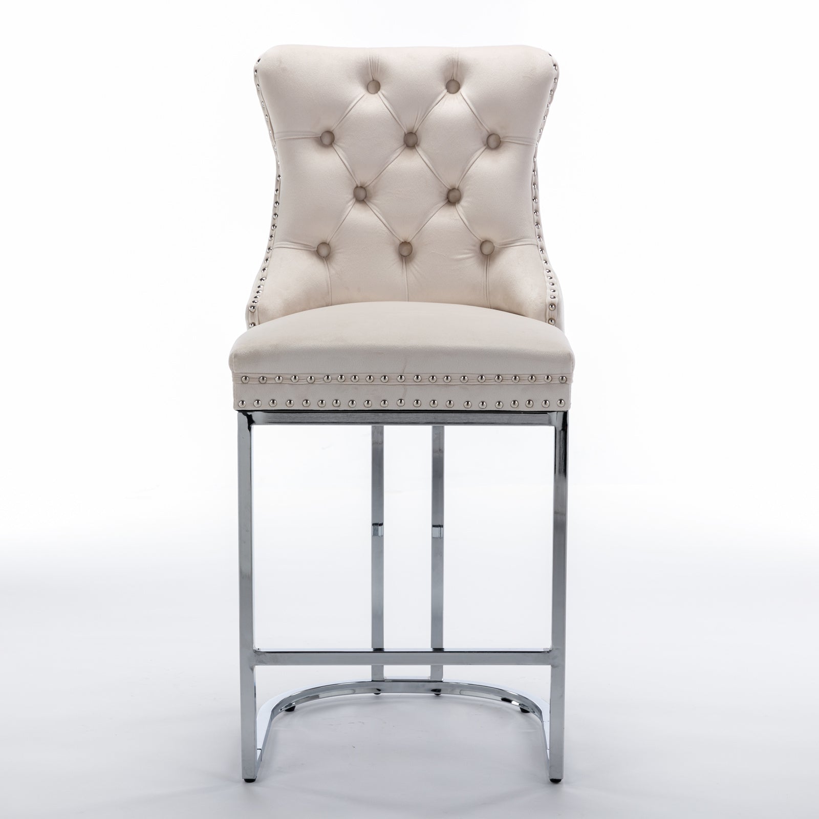 Set of 2 Upholstered Tufted Velvet Armless Bar Stools with Chrome Base Legs- Beige_2