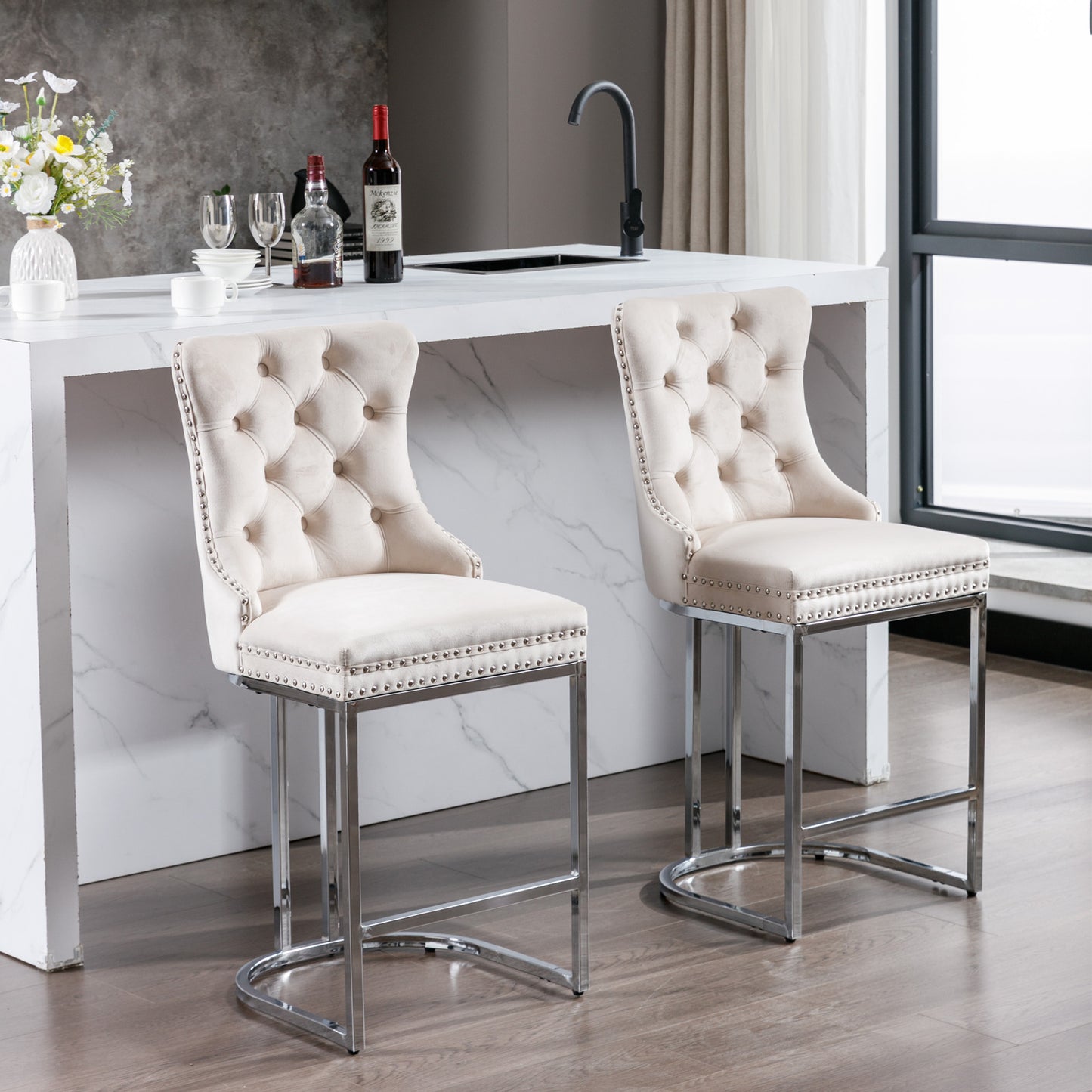 Set of 2 Upholstered Tufted Velvet Armless Bar Stools with Chrome Base Legs- Beige_16