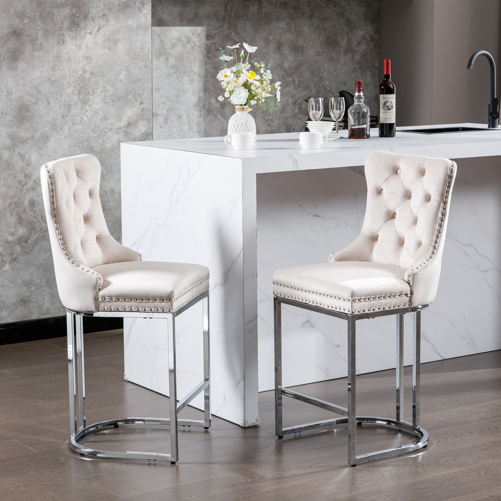 Set of 2 Upholstered Tufted Velvet Armless Bar Stools with Chrome Base Legs- Beige_20