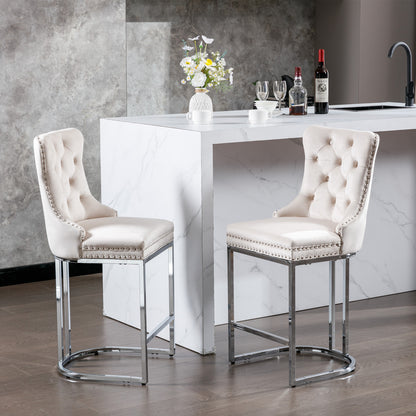 Set of 2 Upholstered Tufted Velvet Armless Bar Stools with Chrome Base Legs- Beige_20
