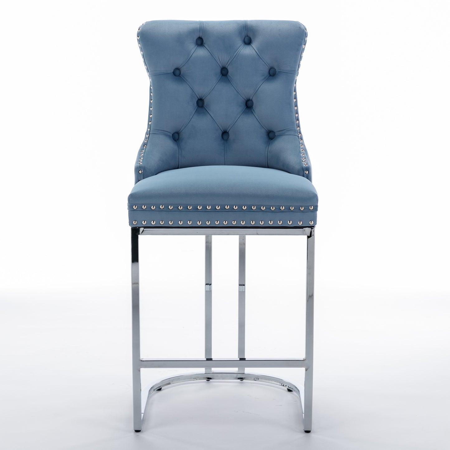 Set of 2 Upholstered Tufted Velvet Armless Bar Stools with Chrome Base Legs- Light Blue_2