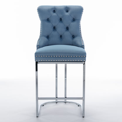 Set of 2 Upholstered Tufted Velvet Armless Bar Stools with Chrome Base Legs- Light Blue_2