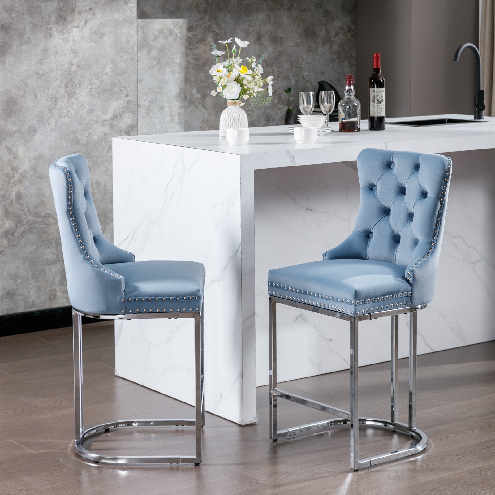 Set of 2 Upholstered Tufted Velvet Armless Bar Stools with Chrome Base Legs- Light Blue_17