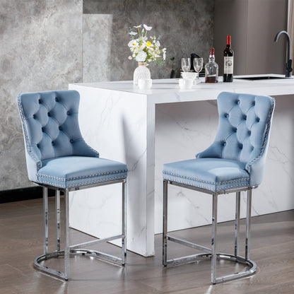 Set of 2 Upholstered Tufted Velvet Armless Bar Stools with Chrome Base Legs- Light Blue_0