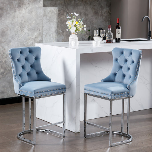 Set of 2 Upholstered Tufted Velvet Armless Bar Stools with Chrome Base Legs- Light Blue_0