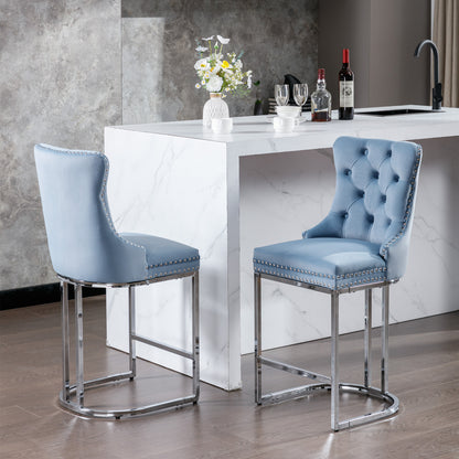 Set of 2 Upholstered Tufted Velvet Armless Bar Stools with Chrome Base Legs- Light Blue_19