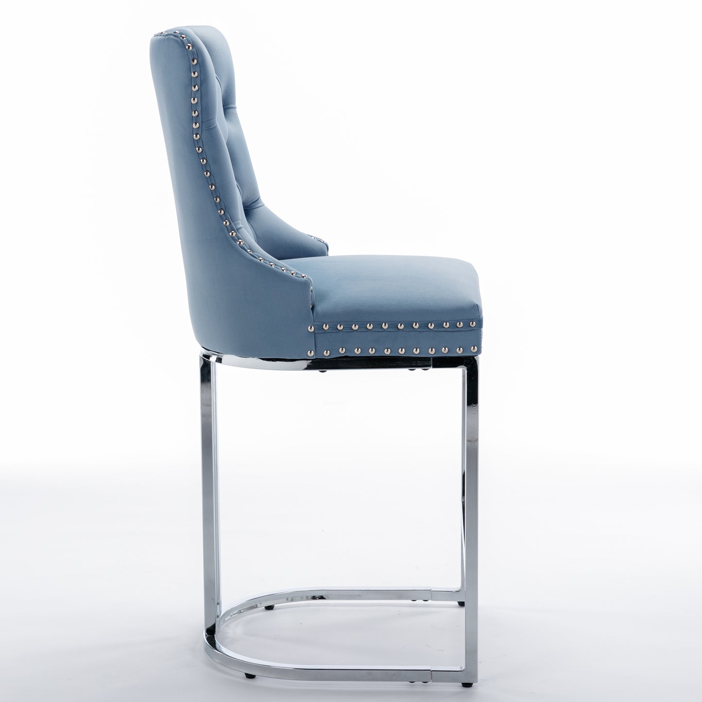 Set of 2 Upholstered Tufted Velvet Armless Bar Stools with Chrome Base Legs- Light Blue_5