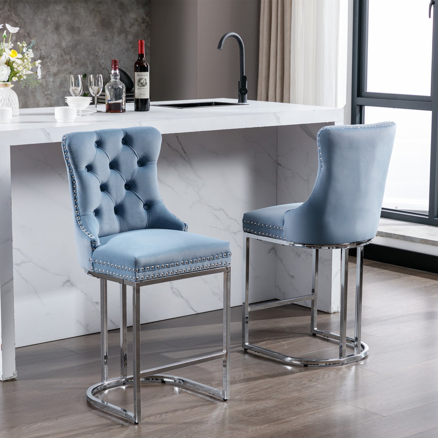 Set of 2 Upholstered Tufted Velvet Armless Bar Stools with Chrome Base Legs- Light Blue_20