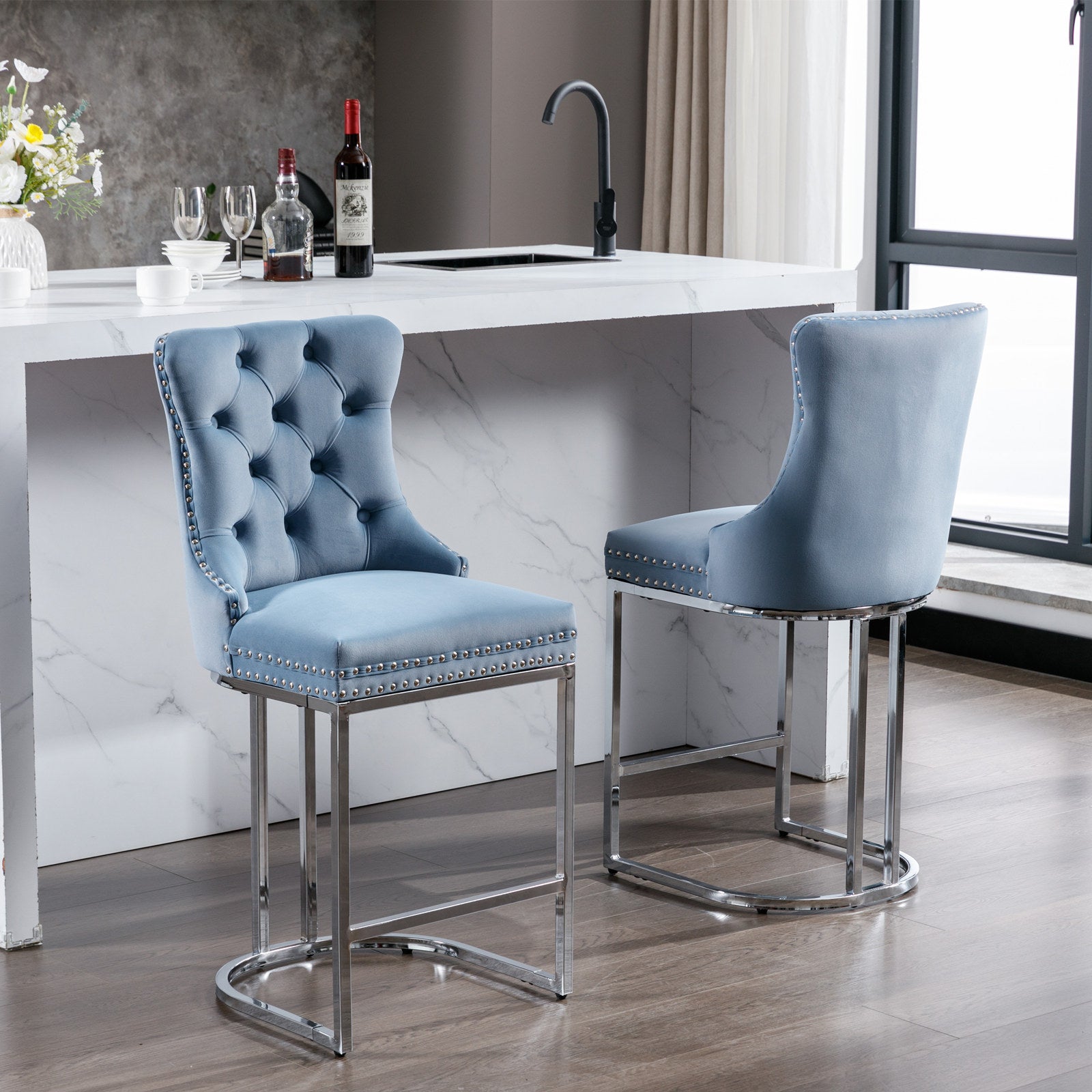 Set of 2 Upholstered Tufted Velvet Armless Bar Stools with Chrome Base Legs- Light Blue_20